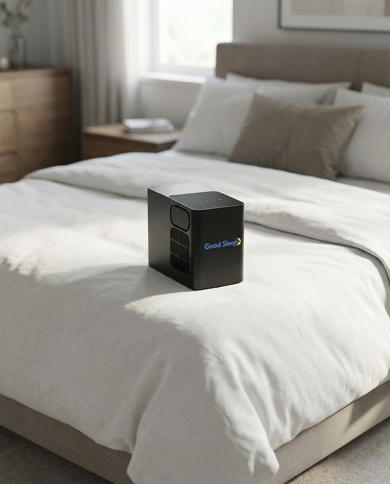 Bedroom with a bed featuring white bedding and a good sleep cooling hub on it.