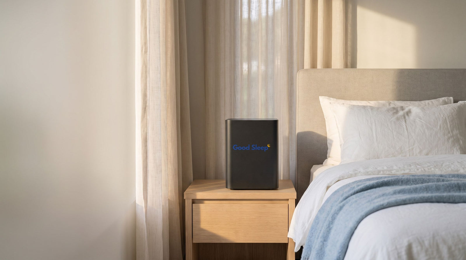 Good Sleep hub on a nightstand beside a made bed in morning light