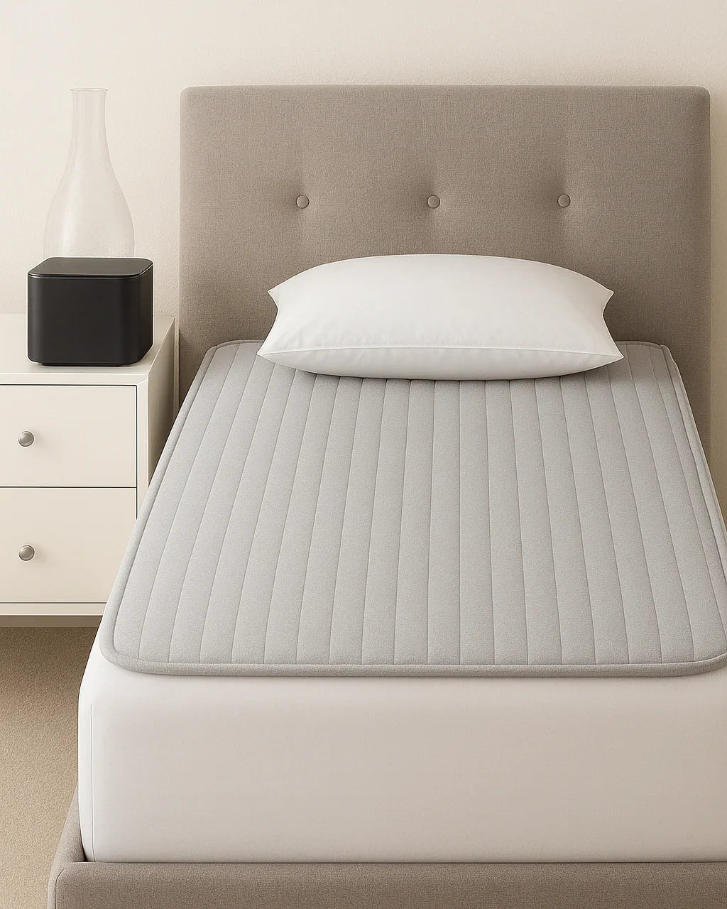 Good Sleep bed cooling and heating system on a modern mattress with pillow and nightstand
