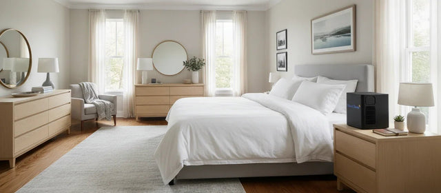 Modern upper-middle-class bedroom with Good Sleep bed cooling unit on nightstand