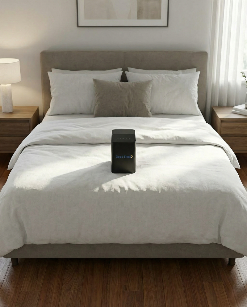 Bedroom with a bed featuring white bedding and a good sleep cooling hub on it.