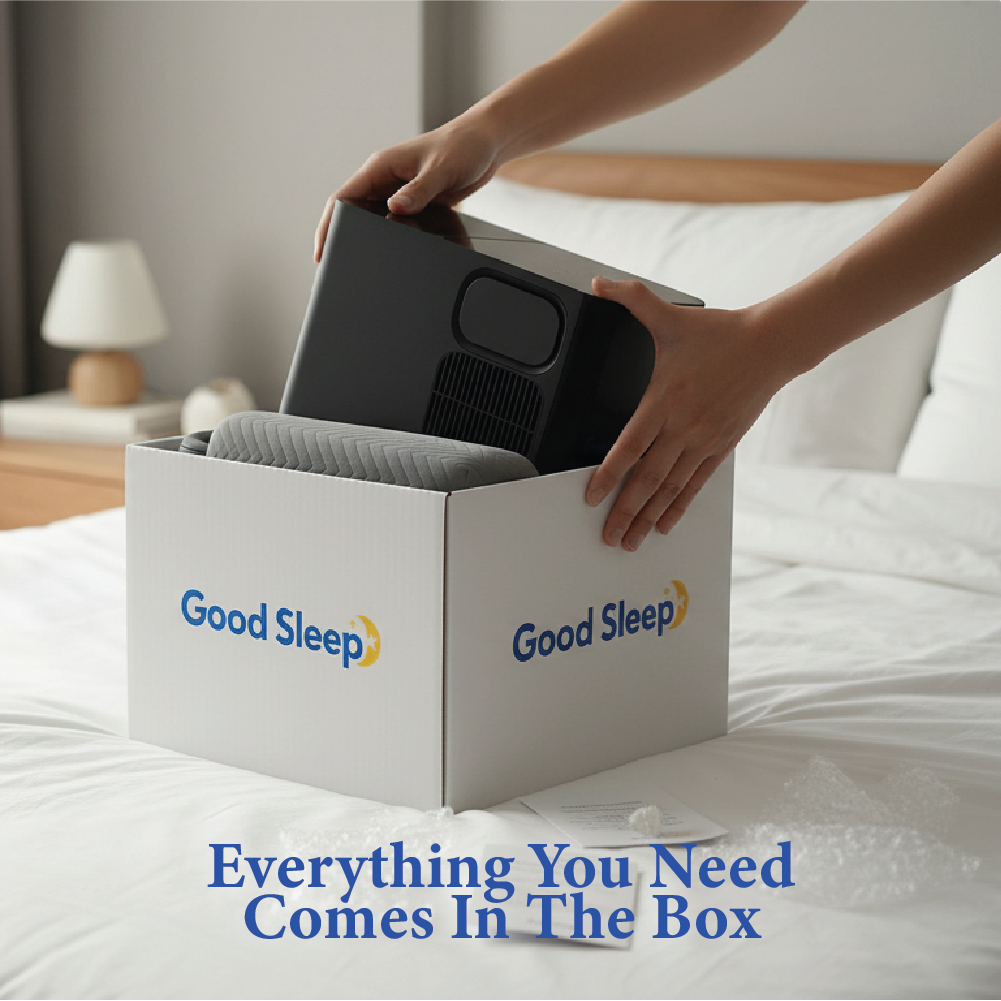 Good Sleep bed cooling system unboxing showing the hub unit being removed from branded packaging on a bed
