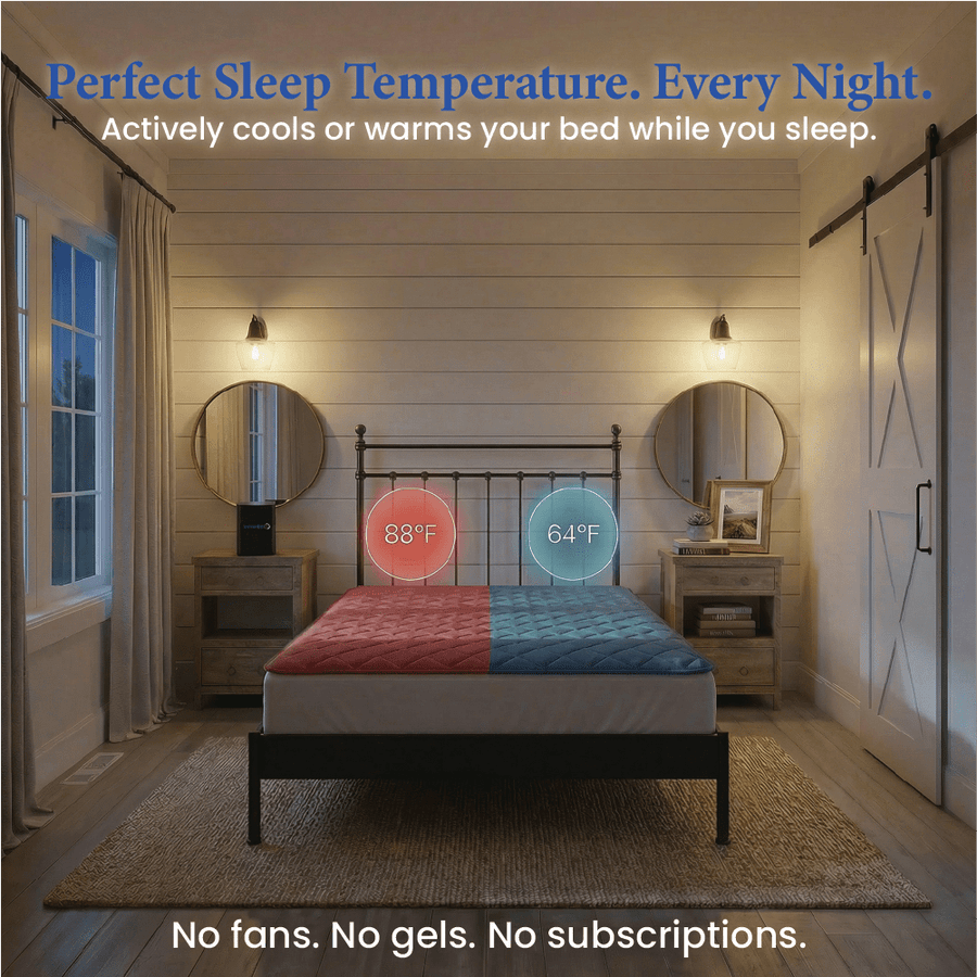 Good Sleep dual-zone bed cooling and heating system showing 88 and 64 temperature zones on a mattress topper
