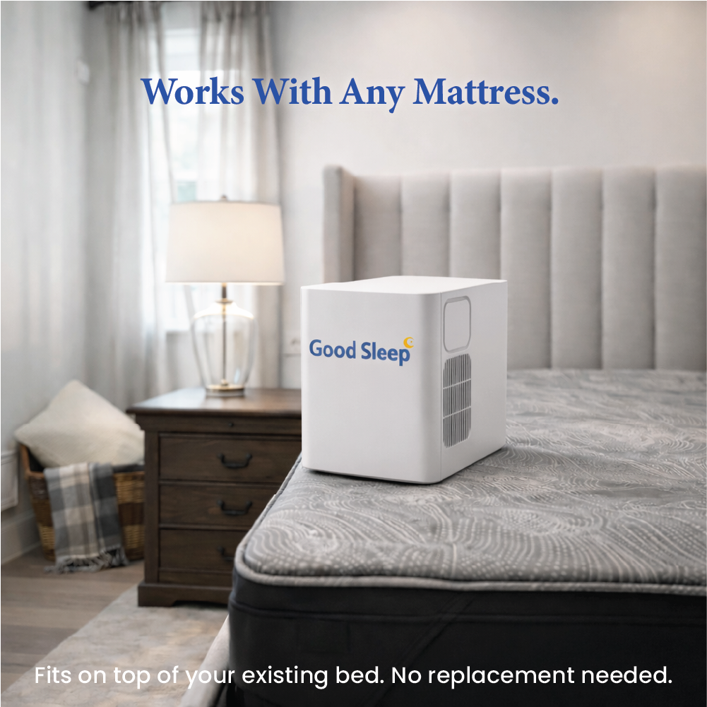 Good Sleep cooling and heating hub unit sitting on a mattress topper compatible with any existing bed no replacement needed