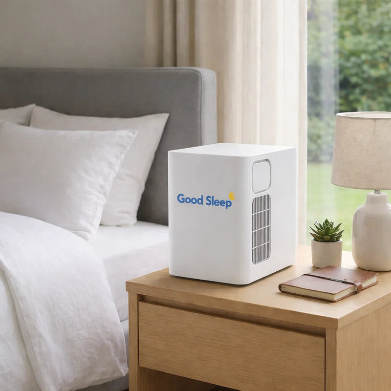 a white good sleep cooling hub on a nightstand in a well decorated bedroom