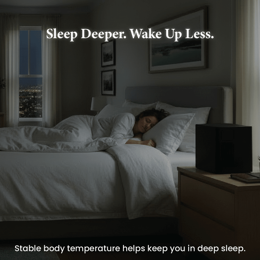 Woman sleeping deeply in a temperature-controlled bedroom using the Good Sleep bed cooling system for deeper uninterrupted sleep